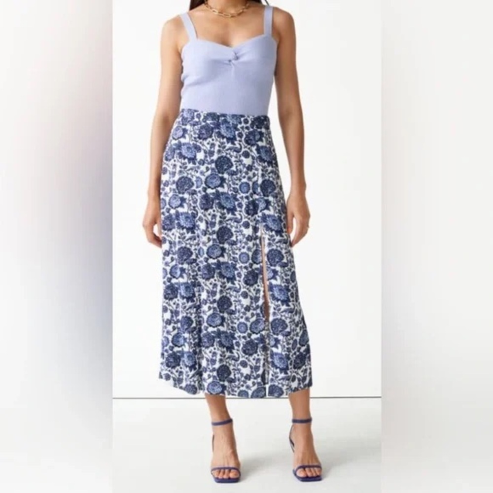 NWOT & Other Stories Blue and White Midi Skirt with Slit - Floral Pattern - 6 - Picture 4 of 5